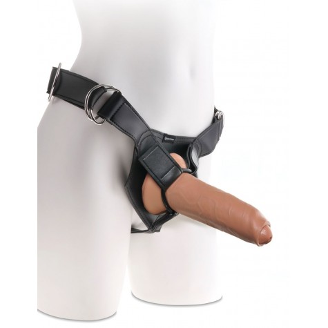 Кофейный поясной страпон Strap-On Harness with 9" Uncut Hollow Cock - 25,4 см.